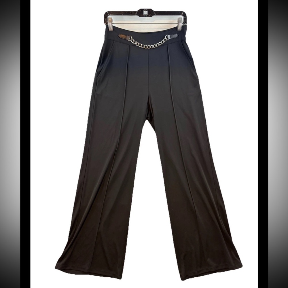 Lauren Ralph Lauren Women’s Chain Trim Pleated Black Jersey Wide Leg Pants Sz 6P - Picture 2 of 7